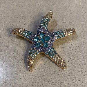 Rhinestone Starfish Brooch in Blue and Gold Tones NWOT